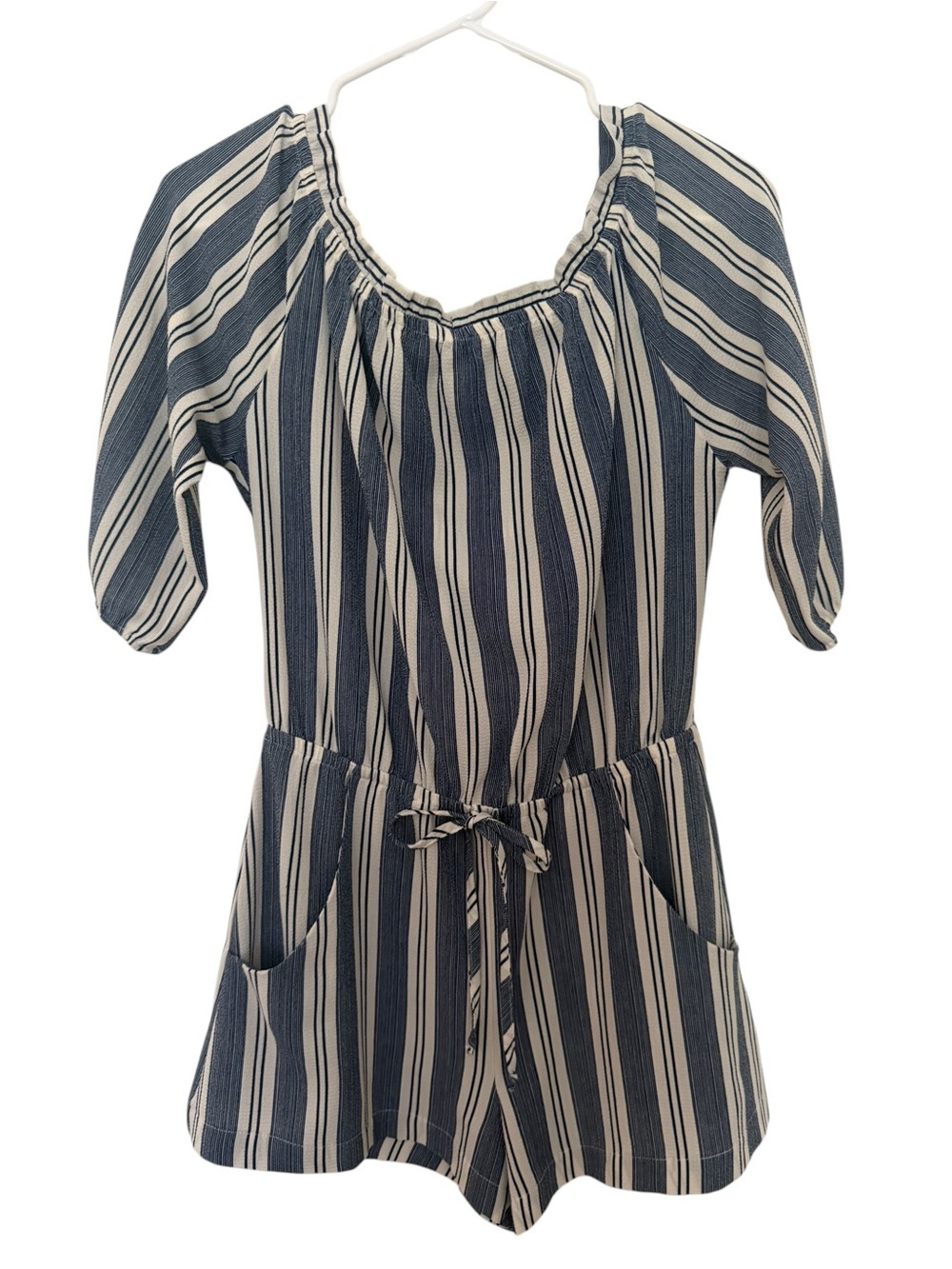 Veronica M Blue & White Striped Off-Shoulder Shorts Romper Women XS Tie Waist